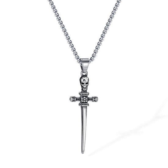 Men's Crucifix Sword Necklace, Skull Pendant