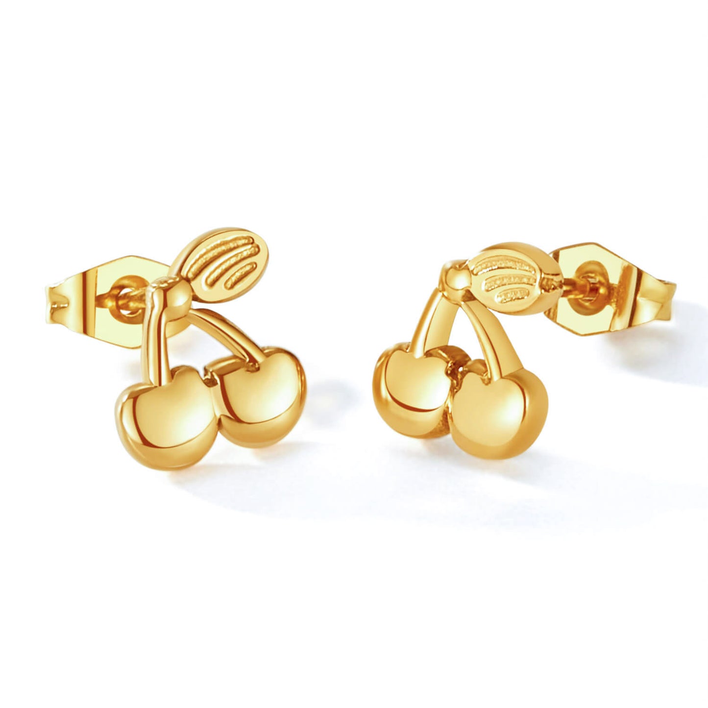 Cherry Earrings, Gold Fruit Studs Stainless Steel