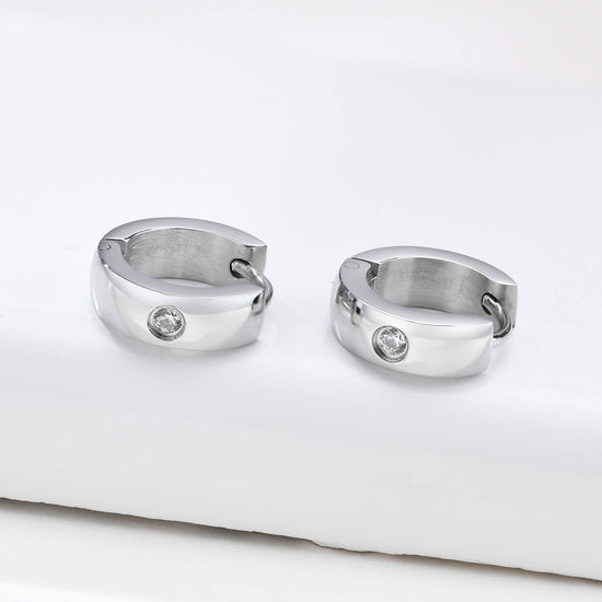 Mens Silver Hoop Earrings, Cubic Zirconia Crystal Stainless Steel