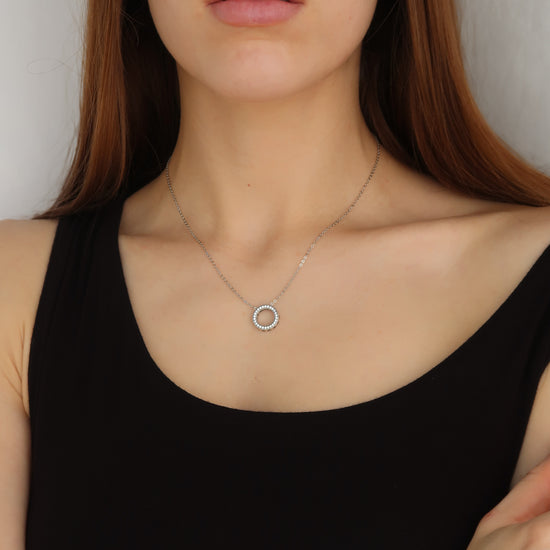 Sterling Silver Circle O Pendant - Women's Round Crystal Necklace (40cm)