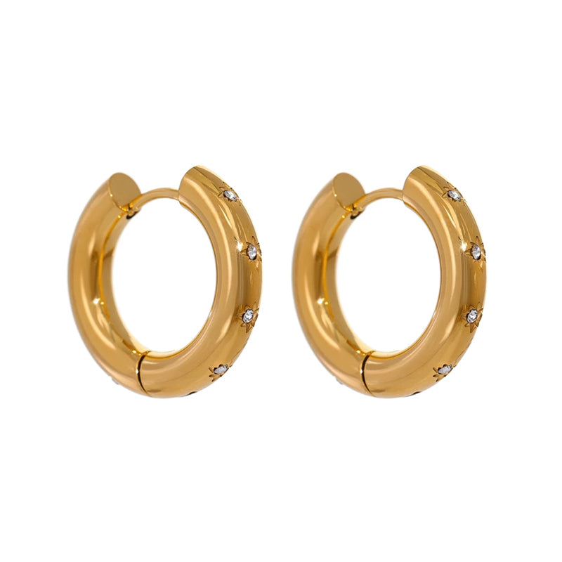 Gold Hoop Earrings Thick Star Crystals Gold Plated Stainless