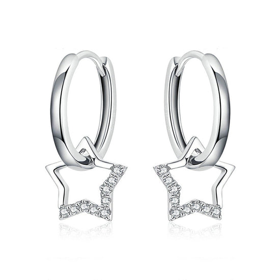 Star Silver Hoops - Platinum Plated Sterling Silver Earrings