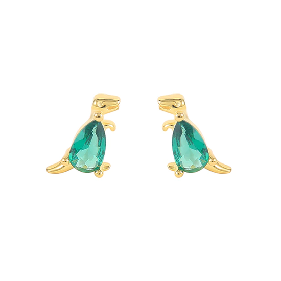 GOLD GREEN DINOSAUR - Crystal Studs (Sterling Silver Earrings)